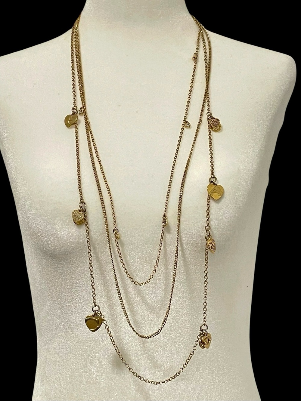 COACH Necklace Vintage Y2K Triple Gold Chains Heart Charms Crystals Long Layers